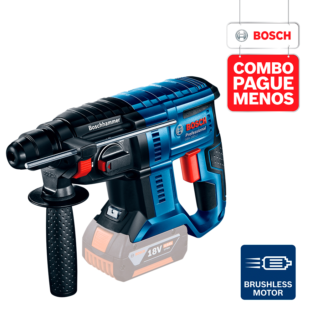 Martelete Perfurador a Bateria Bosch GBH 180-LI SDS-Plus 18V + Esmerilhadeira a bateria GWS 180-LI 18V, com 2 baterias 18V 4,0Ah 1 carregador e 1 bolsa de transporte